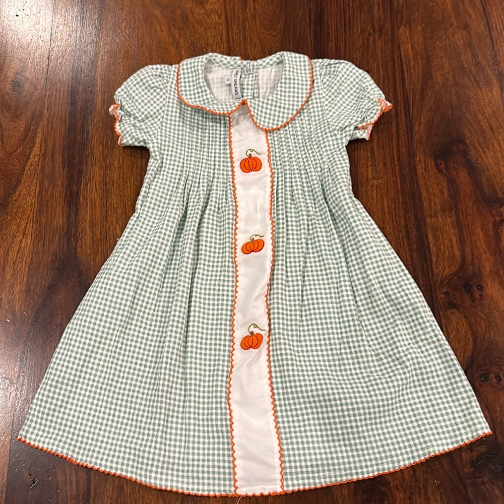 Sweet Dreams Size 4 Green and White Check Peter Pan Collar Pumpkin Dress